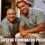 Arnold Schwarzenegger & Danny DeVito | JUST GOT THE TERMINATOR PREGNANT | image tagged in arnold schwarzenegger  danny devito | made w/ Imgflip meme maker