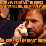 CHUCK NORRIS | SO YOU TRIED ALL THE KINGS HORSES AND ALL THE KINGS MEN? OK, SURE. I'LL BE RIGHT OVER. | image tagged in chuck norris | made w/ Imgflip meme maker