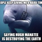 Hide the Pain Manatee | PEOPLE KEEP GIVING ME A HARD TIME; SAYING HUGH MANATEE IS DESTROYING THE EARTH | image tagged in manatee,save the earth | made w/ Imgflip meme maker