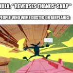 Wile E Coyote falling off of cliff | HULK: **REVERSES THANOS' SNAP**; PEOPLE WHO WERE DUSTED ON AIRPLANES: | image tagged in wile e coyote falling off of cliff | made w/ Imgflip meme maker