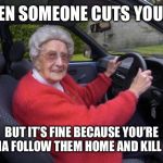 old lady driver | WHEN SOMEONE CUTS YOU OFF; BUT IT’S FINE BECAUSE YOU’RE GONNA FOLLOW THEM HOME AND KILL THEM | image tagged in old lady driver | made w/ Imgflip meme maker