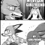 Zootopia: I will Survive  | BABE, I WANT TO CONFESS THAT... I LOVE TACO BELL; MY VEGAN GIRLFRIEND; ME; ME; MY GIRLFRIEND; IM BREAKING UP WITH YOU | image tagged in zootopia i will survive | made w/ Imgflip meme maker