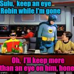 I turned it off quickly after this part! lol | Sulu,  keep an eye on Robin while I'm gone Oh,  I'll keep more than an eye on him, honey | image tagged in batman star trek | made w/ Imgflip meme maker