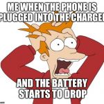 Your heart il' skip a beat for sure | ME WHEN THE PHONE IS PLUGGED INTO THE CHARGER; AND THE BATTERY STARTS TO DROP | image tagged in panic | made w/ Imgflip meme maker