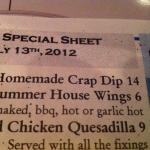 Homemade crap dip restaurant menu typo