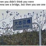 when you didn't think you were gonna see a bridge, but then you see one | image tagged in memes,funny memes,dank memes,so true memes | made w/ Imgflip meme maker