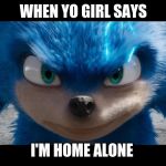 Sonic movie | WHEN YO GIRL SAYS; I'M HOME ALONE | image tagged in sonic movie | made w/ Imgflip meme maker