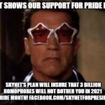 Terminator sunglasses | SKYNET SHOWS OUR SUPPORT FOR PRIDE MONTH; SKYNET'S PLAN WILL INSURE THAT 3 BILLION HOMOPHOBES WILL NOT BOTHER YOU IN 2021
  HAPPY PRIDE MONTH!
FACEBOOK.COM/SKYNETFORPRESIDENT2020 | image tagged in terminator sunglasses | made w/ Imgflip meme maker