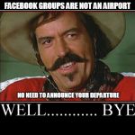 Well...bye | FACEBOOK GROUPS ARE NOT AN AIRPORT; NO NEED TO ANNOUNCE YOUR DEPARTURE | image tagged in wellbye | made w/ Imgflip meme maker