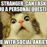 shocked cat | STRANGER: CAN I ASK YOU A PERSONAL QUESTION; ME WITH SOCIAL ANXIETY | image tagged in shocked cat | made w/ Imgflip meme maker
