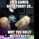 Why you bully me | I'M A GAMER, NOT A FURRY SO... WHY YOU BULLY ME!?!? REET!! | image tagged in why you bully me | made w/ Imgflip meme maker