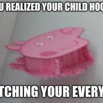 Creepy Peppa Pig | WHEN YOU REALIZED YOUR CHILD HOOD FRIEND; IS WATCHING YOUR EVERY MOVE | image tagged in creepy peppa pig | made w/ Imgflip meme maker