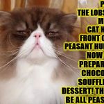TYPICAL FELINE SNOB | PLACE THE LOBSTER, MILK & CAT NIP IN FRONT OF ME PEASANT HUMAN! NOW GO & PREPARE MY CHOCOLATE SOUFFLE FOR DESSERT! THAT'LL BE ALL PEASANT! | image tagged in typical feline snob | made w/ Imgflip meme maker