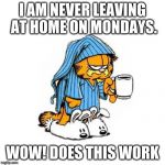 garfield-coffee | I AM NEVER LEAVING AT HOME ON MONDAYS. WOW! DOES THIS WORK | image tagged in garfield-coffee | made w/ Imgflip meme maker