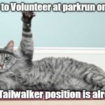 Tailwalker Cat | Who wants to Volunteer at parkrun on Saturday? Sorry, the Tailwalker position is already filled | image tagged in cat,tailwalker,parkrun | made w/ Imgflip meme maker