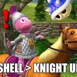 Knight Uniqua from the Backyardagains | BLUE SHELL > KNIGHT UNIQUA | image tagged in knight uniqua from the backyardigans,blue shell,memes | made w/ Imgflip meme maker