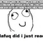 Dafuq Did I Just Read | THE PHRASE "RULE OF THUMB" IS DERIVED FROM AN OLD ENGLISH LAW WHICH STATED THAT YOU COULDN'T BEAT YOUR WIFE WITH ANYTHING WIDER THAN YOUR TH | image tagged in memes,dafuq did i just read | made w/ Imgflip meme maker