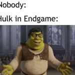 nobody | Nobody:; Hulk in Endgame: | image tagged in nobody,memes | made w/ Imgflip meme maker