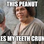 Andre the Giant Fezzik | THIS PEANUT; MAKES MY TEETH CRUNCHY | image tagged in andre the giant fezzik | made w/ Imgflip meme maker