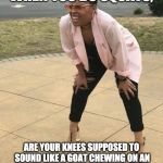 Squat and Squint Meme | WHEN YOU DO SQUATS, ARE YOUR KNEES SUPPOSED TO SOUND LIKE A GOAT CHEWING ON AN ALUMINIUM CAN STUFFED WITH CELERY? | image tagged in squat and squint meme | made w/ Imgflip meme maker