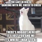 cat singing into a microphone | THE LADY IN RED IS DANCING WITH ME, CHEEK TO CHEEK; THERE'S NOBODY HERE, IT'S JUST YOU AND ME; IT'S WHERE I WANT TO BE | image tagged in cat singing into a microphone | made w/ Imgflip meme maker