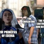 Distracted Liu Kang | "THE CHOSEN ONE"; THE FELLOW EARTHREALMER AND BEST FRIEND; THE PRINCESS OF EDENIA | image tagged in mortal kombat,video games,distracted boyfriend | made w/ Imgflip meme maker