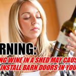 Wine Warning | WARNING: DRINKING WINE IN A SHED MAY CAUSE YOU TO INSTALL BARN DOORS IN YOUR HOME | image tagged in drinking wine,funny memes,lol,wine drinker,warning label,women | made w/ Imgflip meme maker
