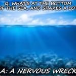 Ocean | Q: WHAT'S AT THE BOTTOM OF THE SEA, AND SHAKES A LOT? A: A NERVOUS WRECK | image tagged in ocean | made w/ Imgflip meme maker