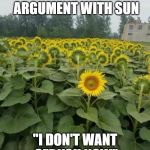 Individuality sunflower | HAVE A STRONG ARGUMENT WITH SUN; "I DON'T WANT SEE YOU NOW" | image tagged in individuality sunflower | made w/ Imgflip meme maker