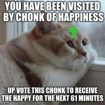 Solemn Chonk | YOU HAVE BEEN VISITED BY CHONK OF HAPPINESS; UP VOTE THIS CHONK TO RECEIVE THE HAPPY FOR THE NEXT 61 MINUTES | image tagged in solemn chonk | made w/ Imgflip meme maker