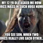 orc | MY 12 YR OLD ASKED ME HOW DO ORCS MASS IN SUCH HUGE NUMBERS; YOU SEE SON, WHEN TWO ORCS REALLY LIVE EACH OTHER... | image tagged in orc | made w/ Imgflip meme maker