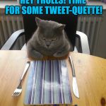 Hungry Cat Etiquette | HEY TROLLS! TIME FOR SOME TWEET-QUETTE! artconnects@ibrushnroll | image tagged in hungry cat etiquette | made w/ Imgflip meme maker