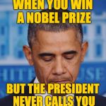 It helps to roll around in the money, I'm sure  ( : | WHEN YOU WIN A NOBEL PRIZE; BUT THE PRESIDENT NEVER CALLS YOU | image tagged in disappointed obama,memes,nobel prize | made w/ Imgflip meme maker