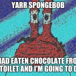 ahoy spongebob | YARR SPONGEBOB; I HAD EATEN CHOCOLATE FROM A TOILET AND I'M GOING TO DIE | image tagged in ahoy spongebob,spongebob,mr krabs,memes | made w/ Imgflip meme maker