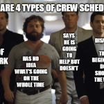 The Hangover | THERE ARE 4 TYPES OF CREW SCHEDULERS; SAYS HE IS GOING TO HELP BUT DOESN'T; DOES 99% OF THE WORK; DISAPPEARS AT THE VERY BEGINNING AND DOESN'T SHOW UP TIL THE VERY END; HAS NO IDEA WHAT'S GOING ON THE WHOLE TIME | image tagged in the hangover | made w/ Imgflip meme maker