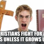 angry Christian | CHRISTIANS FIGHT FOR ALL BABIES UNLESS IT GROWS UP GAY | image tagged in angry christian | made w/ Imgflip meme maker