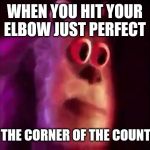 sully groan | WHEN YOU HIT YOUR ELBOW JUST PERFECT; ON THE CORNER OF THE COUNTER | image tagged in sully groan | made w/ Imgflip meme maker