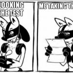 Confused Lucario | ME TAKING THE TEST; ME LOOKING AT THE TEST | image tagged in confused lucario | made w/ Imgflip meme maker