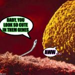 The art of the double compliment  ( : | BABY, YOU LOOK SO CUTE IN THEM GENES; AWW . . . | image tagged in bad pick up line sperm,memes | made w/ Imgflip meme maker