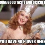 Glinda the Good Witch | BE GONE GOOD TASTE AND DISCRETION; YOU HAVE NO POWER HERE | image tagged in glinda the good witch | made w/ Imgflip meme maker