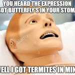 Wooden joke | YOU HEARD THE EXPRESSION YOU GOT BUTTERFLY'S IN YOUR STOMACH? WELL I GOT TERMITES IN MINE | image tagged in gross dummy,funny | made w/ Imgflip meme maker