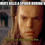 Lord Elrond | WHEN YOUR ROOMMATE KILLS A SPIDER DURING MOSQUITO SEASON; Our list of allies grows thin. | image tagged in lord elrond | made w/ Imgflip meme maker