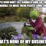 Kermit Watering Plants | PEOPLE WHO DON'T EAT ANIMALS SURE GO THRU A LOT OF TROUBLE TO MAKE THEIR PLANTS LOOK LIKE MEAT... BUT THAT'S NONE OF MY BUSINESS THO | image tagged in kermit watering plants | made w/ Imgflip meme maker