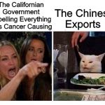 The Air Causes Everything! -California | The Californian Government Labelling Everything Has Cancer Causing; The Chinese Exports | image tagged in cat at dinner,memes,california | made w/ Imgflip meme maker