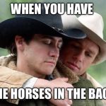 Brokeback Mountain | WHEN YOU HAVE; THE HORSES IN THE BACK | image tagged in brokeback mountain | made w/ Imgflip meme maker
