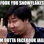 Chinese middle finger | FOOK YOU SNOWFLAKES; I'M OUTTA FACEBOOK JAIL!! | image tagged in chinese middle finger | made w/ Imgflip meme maker