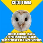 bipolar owl | CICLOTIMIA; CICLOS CURTOS, MANIA E DEPRESSÃO MAIS FRACAS. SUAS SEMANAS SÃO IMPREVISÍVEIS | image tagged in bipolar owl | made w/ Imgflip meme maker