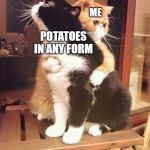 Fries...Chips...Hash browns...
So many snacks, so little time | ME; POTATOES IN ANY FORM | image tagged in cats hugging,fries,potatoes,chips,hashbrowns,memes | made w/ Imgflip meme maker