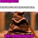 Me at hogwarts | hufflepuff!!! But you haven’t even been put on my head yet... Did I effing stutter? | image tagged in harry potter sorting hat,harry potter,hufflepuff | made w/ Imgflip meme maker