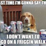 dog beer | LAST TIME I'M GONNA SAY THIS; I DON'T WANT TO GO ON A FRIGGIN WALK | image tagged in dog beer,random,walk,drinking | made w/ Imgflip meme maker